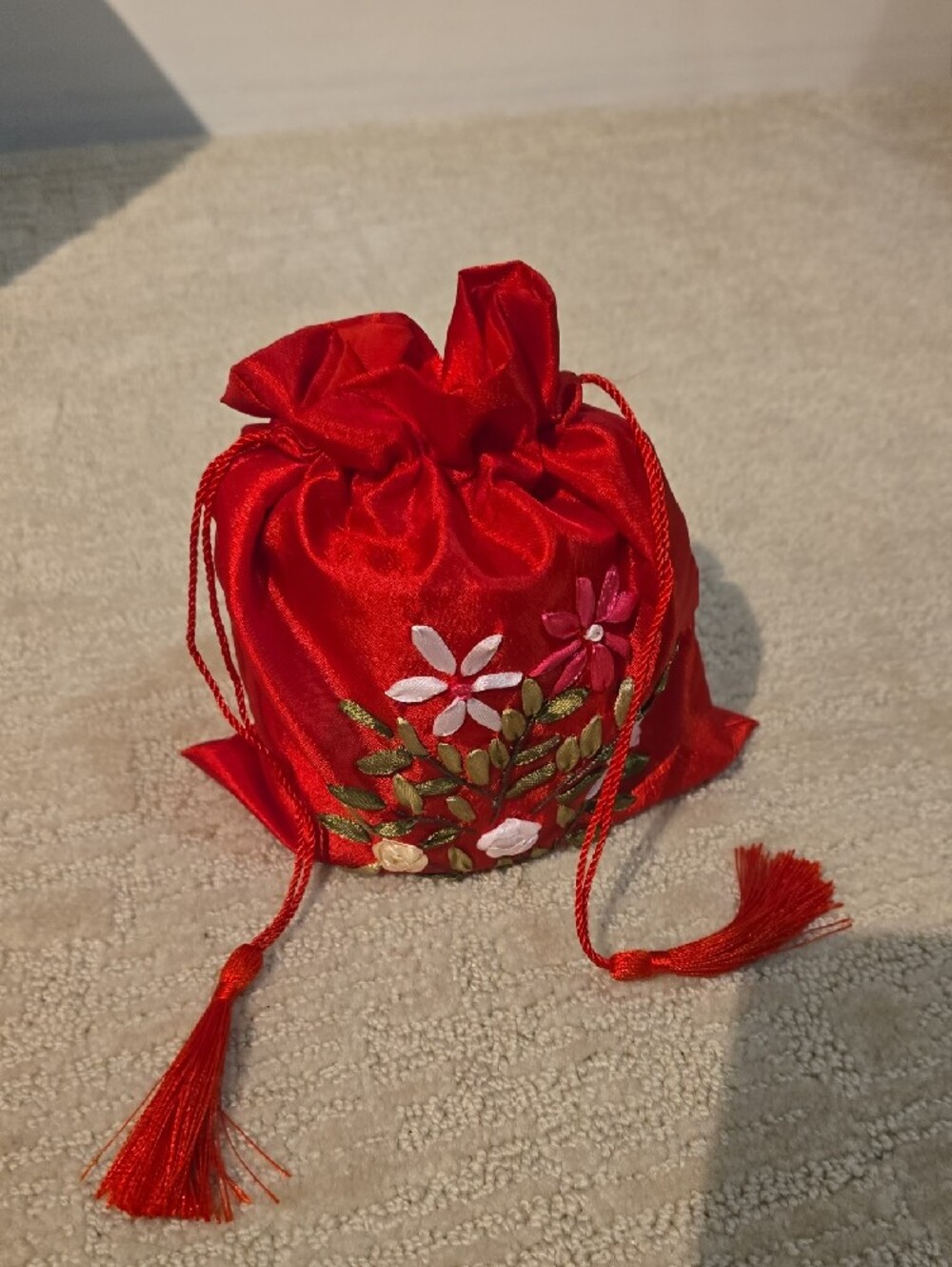 Red Embroidered Drawstring Pouch - Women's Bag - Picture 4 of 4